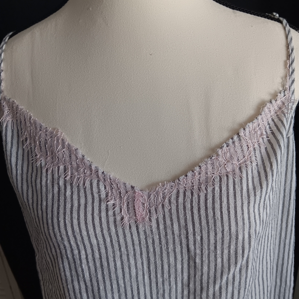 100%cotton grey pin stripped adjustable spaghetti strap shirt with pink lace at